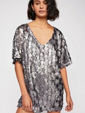Free People Silver Sequin Tunic Mini Dress |Party|Holiday|Festival|Oversized